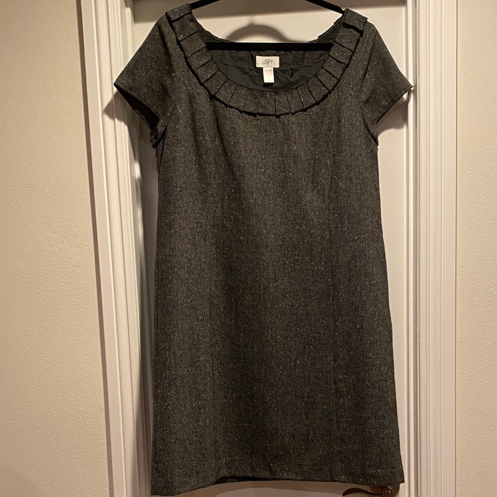 LOFT Charcoal Dress with Pleated Neckline